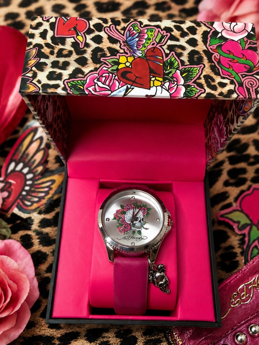 NIB Ed Hardy Skull Roses Pink Leather Charm Watch w/ Original Box Rare Y2K